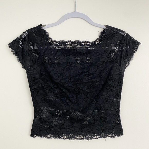 GUESS Lace Off the Shoulder Top, Black, Small - Picture 2 of 3